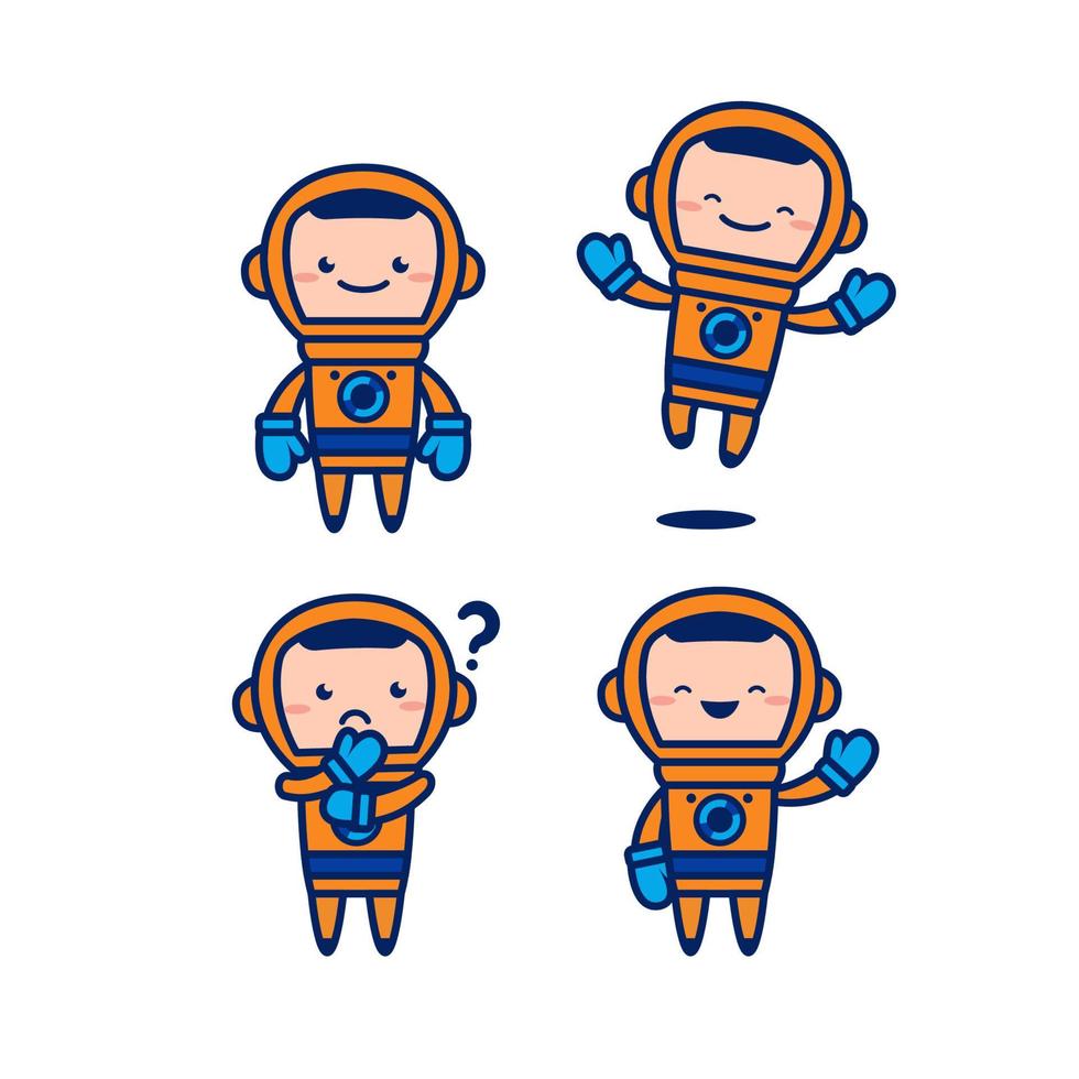 mascote de vetor de personagem de desenho animado astronauta cosmonauta bonito conjunto com traje espacial laranja