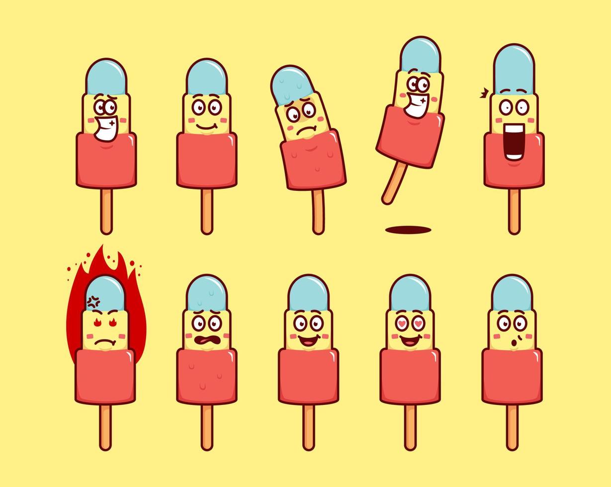 palito de sorvete picolé de frutas de verão picolé de sorvete mascote dos desenhos animados ilustração expressão conjunto emoji vetor