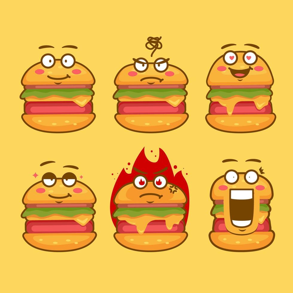 conjunto de ilustração de conceito de expressão de rosto de emoticon de personagem de hambúrguer mascote vetor