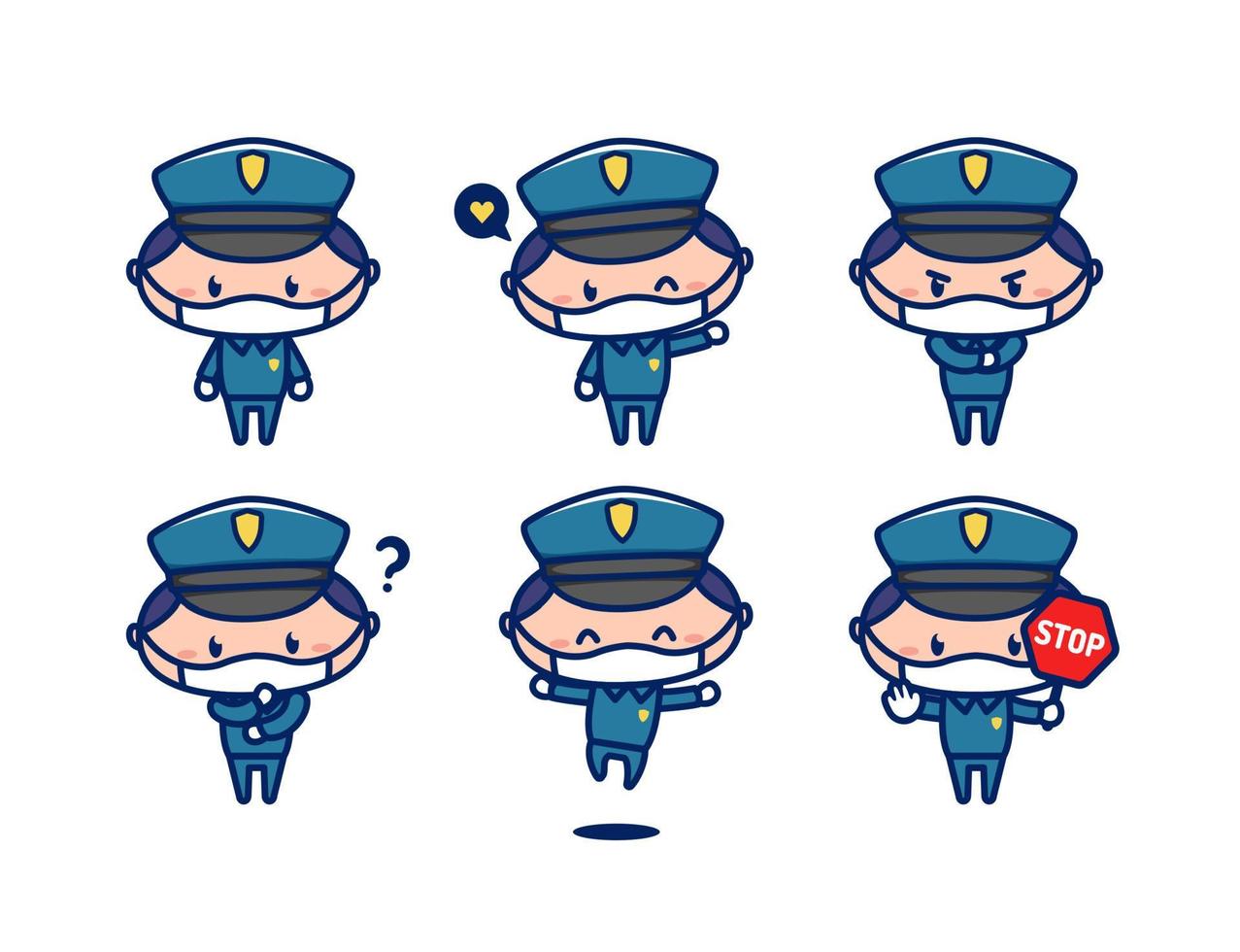 personagem de mascote de policial bonito no estilo chibi usar máscara facial vetor