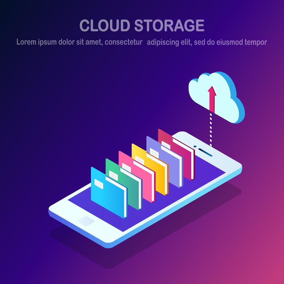 tecnologia de armazenamento em nuvem. backup de dados. smartphone isométrico com serviço de hospedagem de pastas para site. desenho vetorial vetor