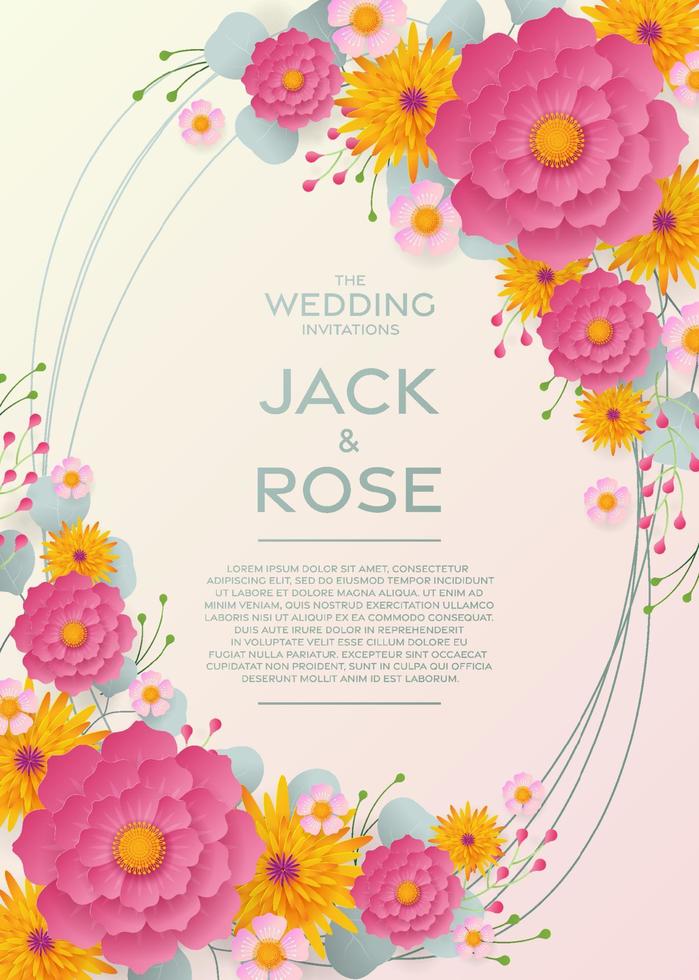 modelo de cartão de convite de casamento com corte de papel de flores vetor