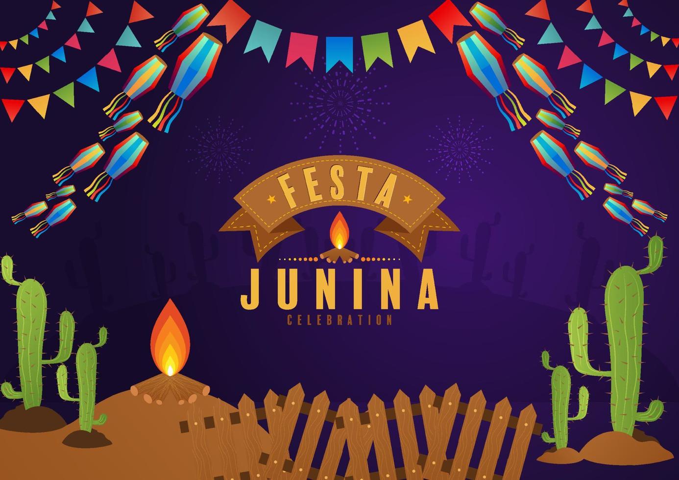 festa junina cartaz festival de junho. folclore holyday guitarra acordeão cactuses verão girassol campfire. vetor