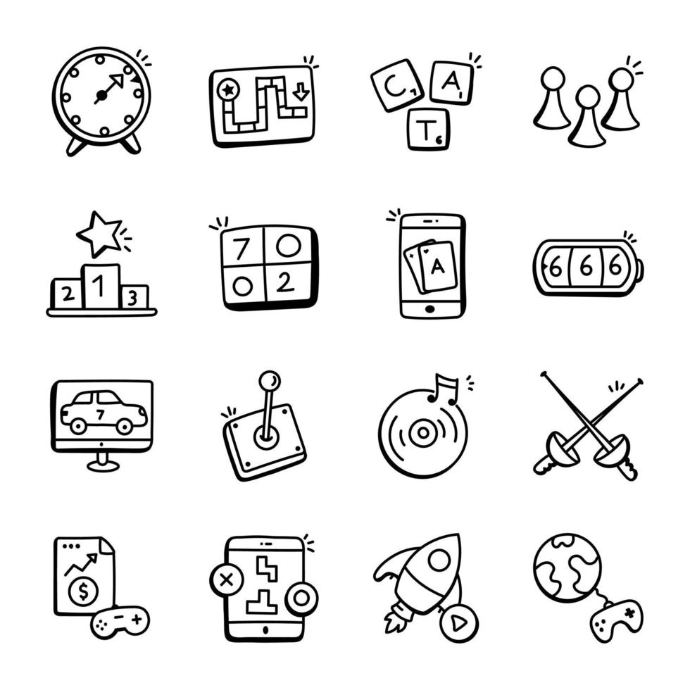 ícones de doodle de equipamentos de jogo vetor