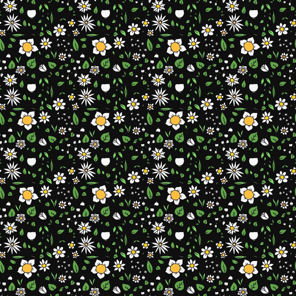 padrão de vetor floral sem costura colorida. doodle padrão floral em fundo preto. ilustração floral vintage com flores brancas