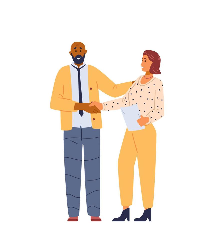 homem afro-americano e mulher apertando as mãos ilustração vetorial plana. parceiros de negócios celebrando novo contrato. isolado. vetor