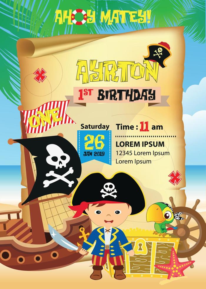 modelo de cartão de convite de aniversário pirata vetor