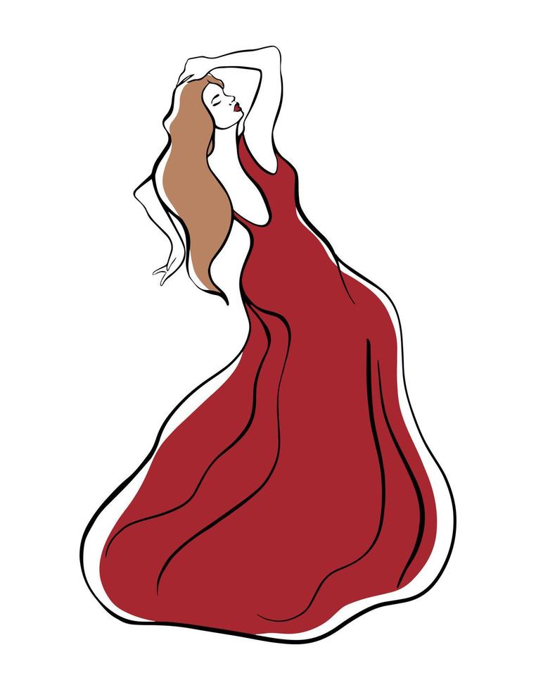 mulher em um desenho de vestido longo vermelho. ilustração de moda. vetor