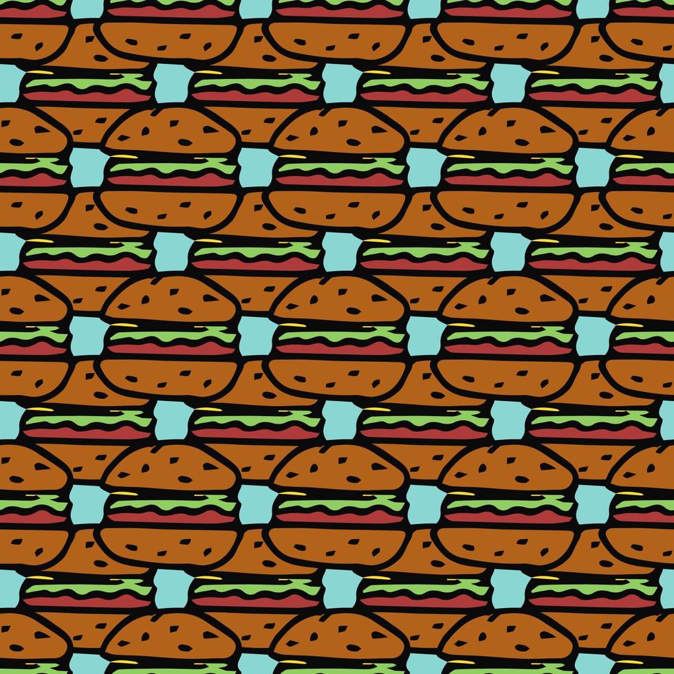 padrão sem emenda com ícones de hambúrguer. fundo colorido de hambúrguer. ilustração de hambúrguer de vetor doodle