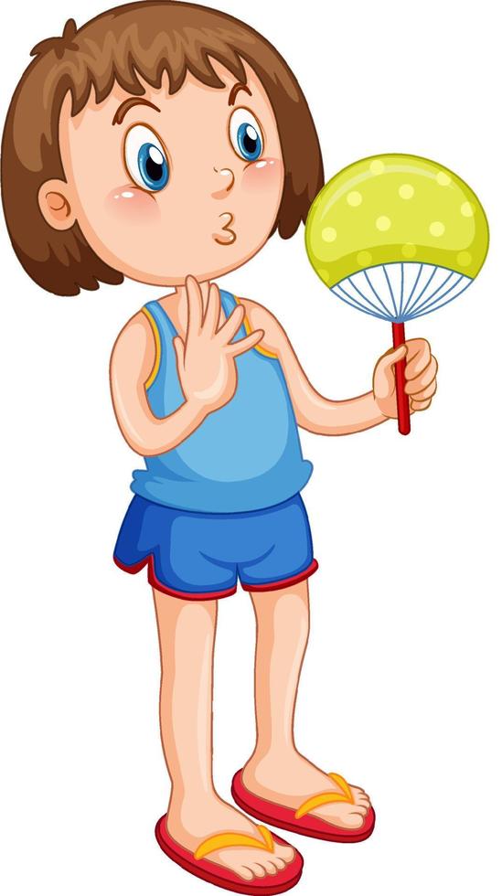 linda garota com roupa de verão, segurando o ventilador de mão vetor