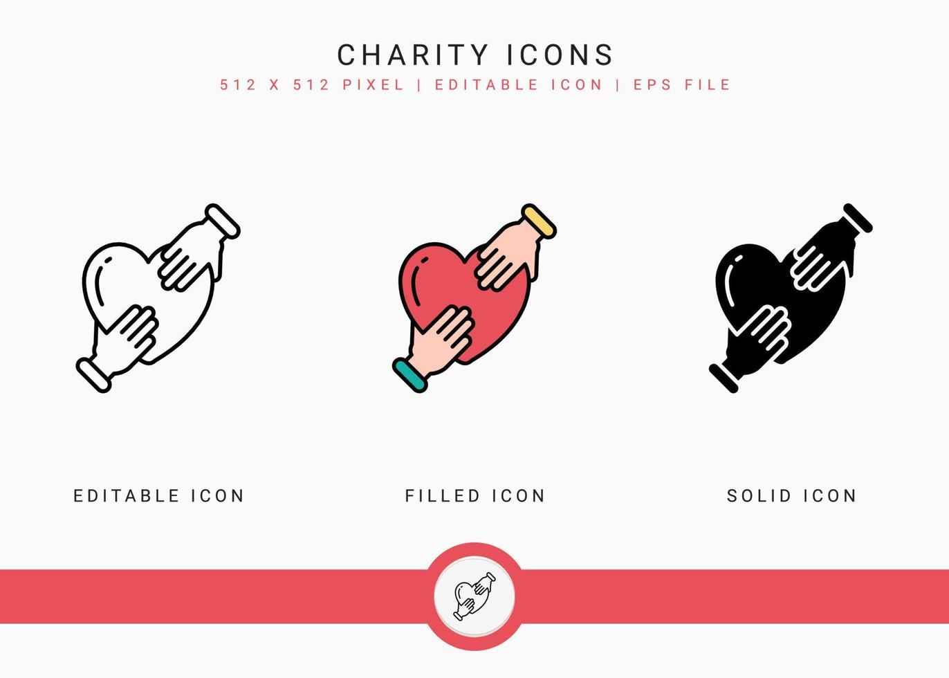 ícones de caridade definem ilustração vetorial com estilo de linha de ícone sólido. conceito de apoio de amor de doação. ícone de traçado editável em fundo isolado para web design, interface de usuário e aplicativo móvel vetor
