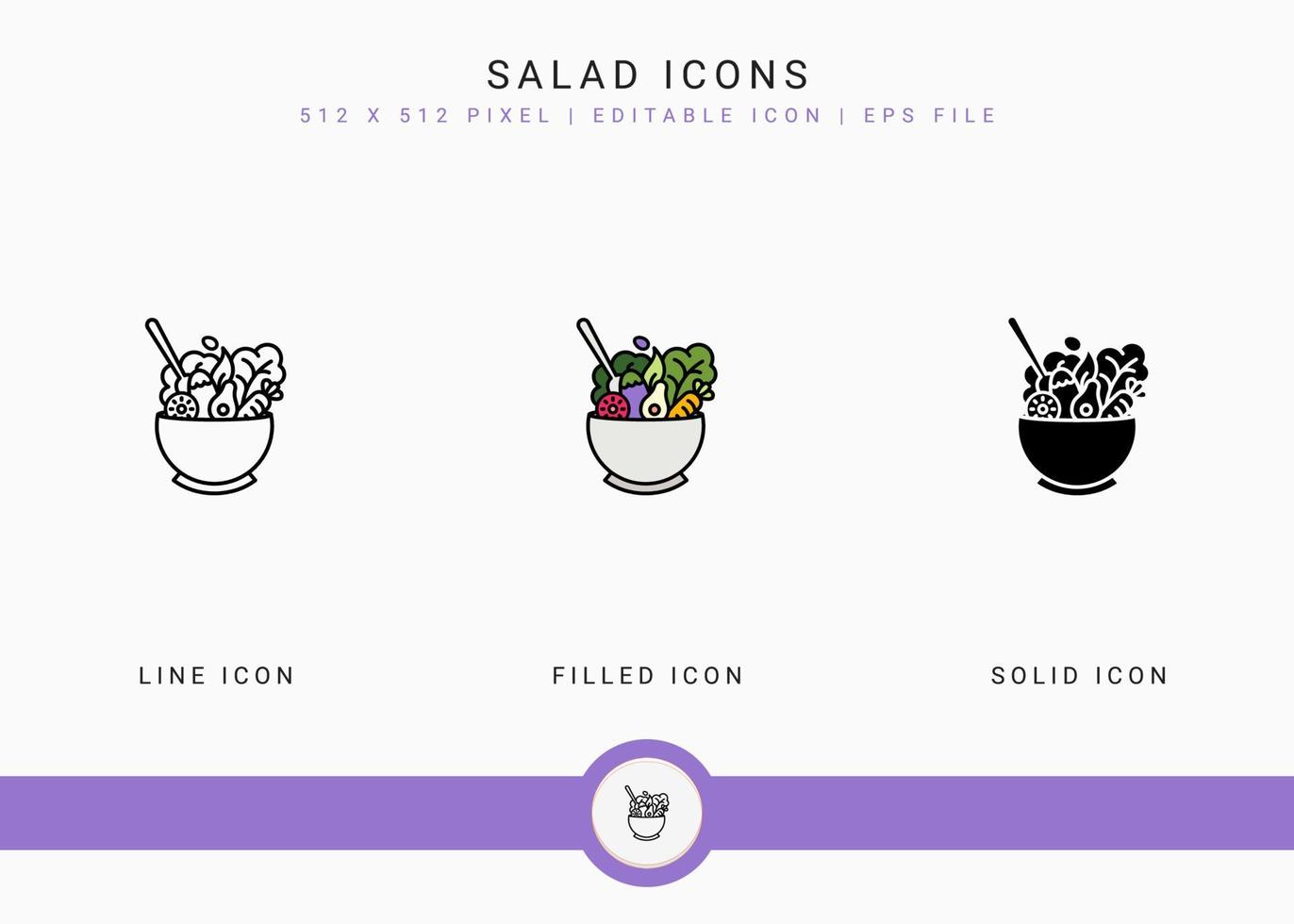 ícones de salada definir ilustração vetorial com estilo de linha de ícone sólido. conceito de ingredientes veganos saudáveis. ícone de traço editável em fundo branco isolado para web design, interface de usuário e aplicativo móvel vetor