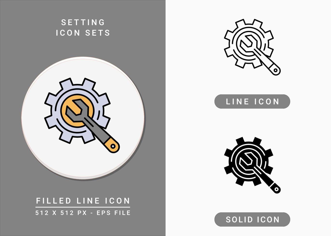 ícones de configuração definir ilustração vetorial com estilo de linha de ícone sólido. engrenagem de engenharia e símbolo de chave. ícone de traçado editável em fundo isolado para web design, interface de usuário e aplicativo móvel vetor