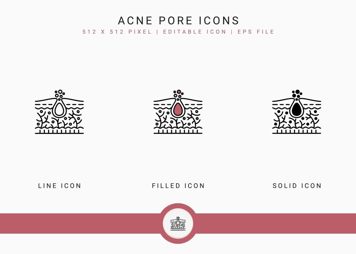 ícones de poros de acne definir ilustração vetorial com estilo de linha de ícone sólido. conceito de dermatologia de inflamação da pele. ícone de traçado editável em fundo isolado para web design, infográfico e aplicativo móvel ui. vetor