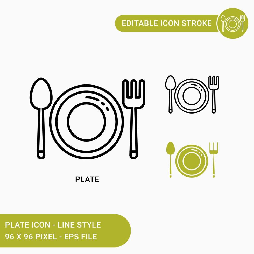 ícones de placa definir ilustração vetorial com estilo de linha de ícone. símbolo de utensílio de comida e talheres. ícone de traçado editável em fundo branco isolado para web design, interface de usuário e aplicativo móvel vetor