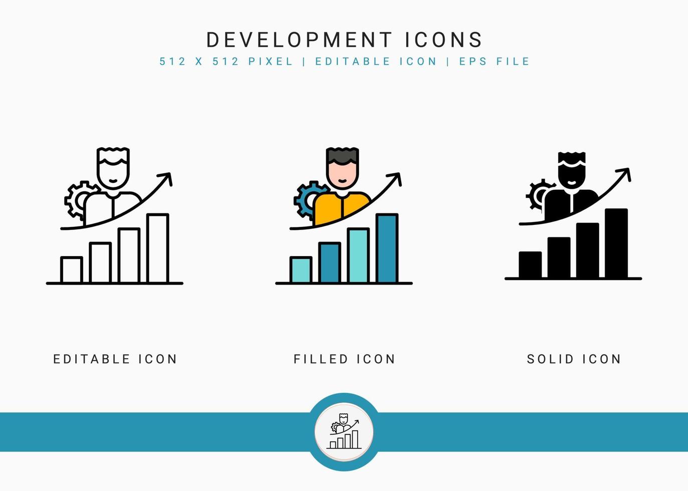 ícones de desenvolvimento definir ilustração vetorial com estilo de linha de ícone sólido. conceito de progresso de habilidade de negócios. ícone de traçado editável em fundo branco isolado para web design, interface de usuário e aplicativo móvel vetor