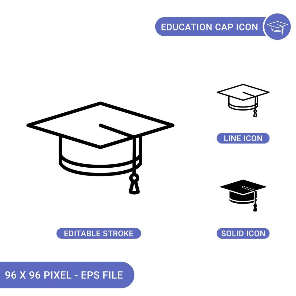 ícones de tampa de educação definir ilustração vetorial com estilo de linha de ícone sólido. conceito de boné de formatura acadêmica. ícone de traçado editável em fundo isolado para web design, infográfico e aplicativo móvel ui. vetor