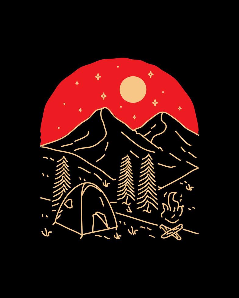 acampamento e vista para a montanha à noite com muitas estrelas em vetor de arte de linha mono, ilustração de crachá, design de camiseta, design de camiseta
