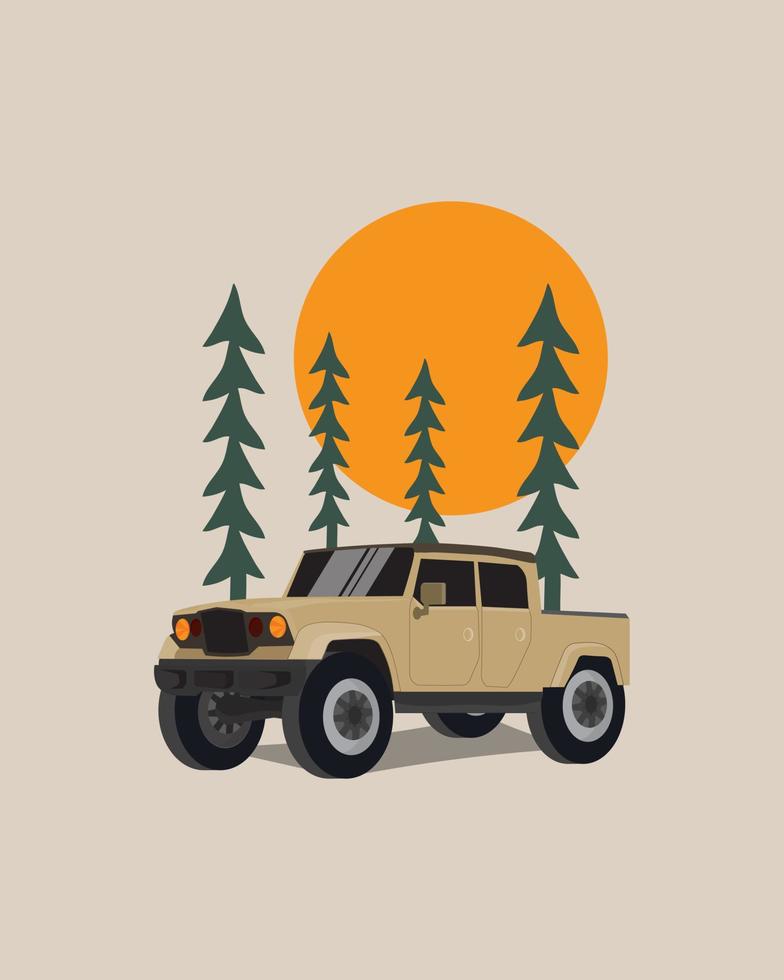 design de carro de aventura com árvores e sol, vetor de design, design de camiseta, design de camiseta