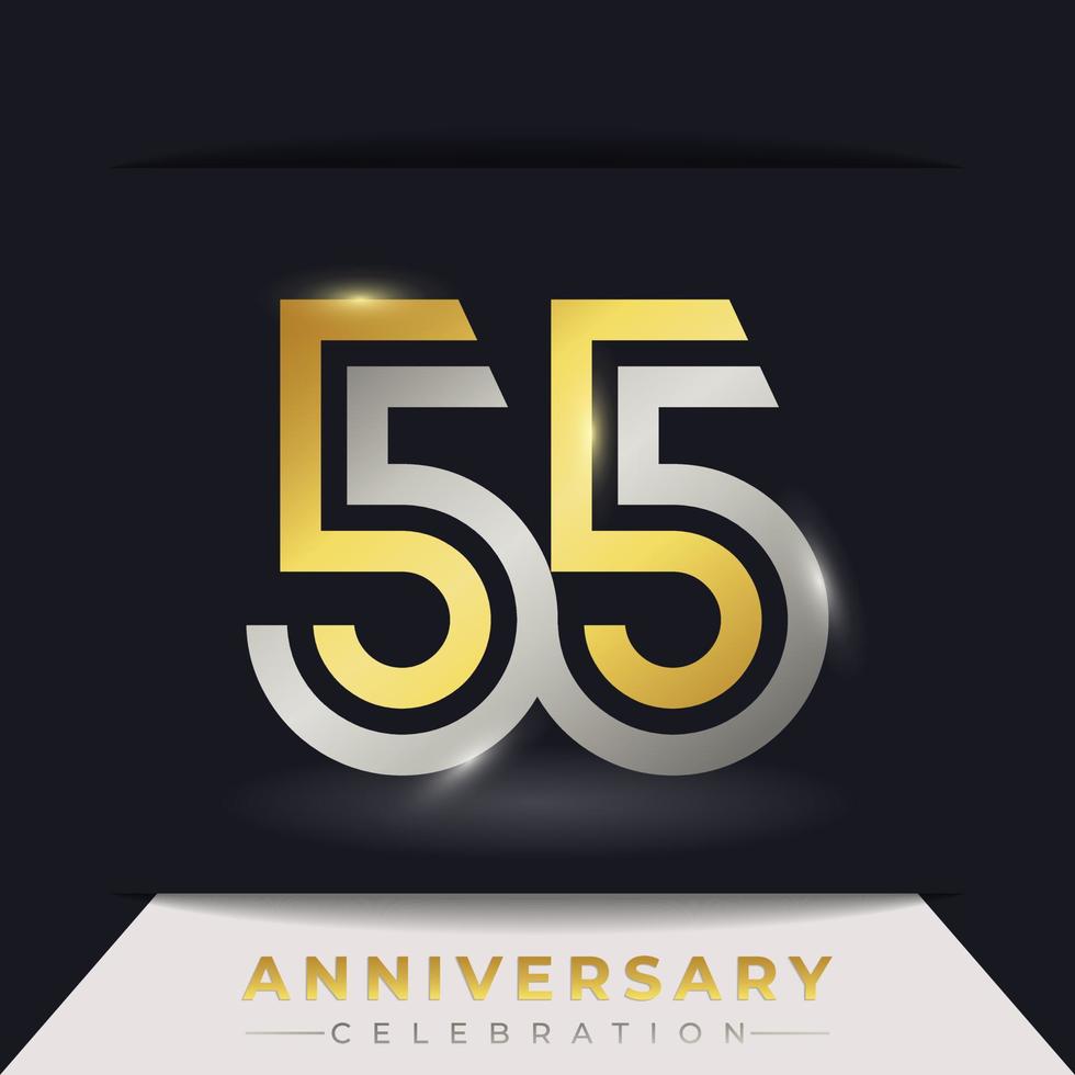 Celebração de aniversário de 55 anos com cor dourada e prata de várias linhas vinculadas para evento de celebração, casamento, cartão de felicitações e convite isolado em fundo escuro vetor