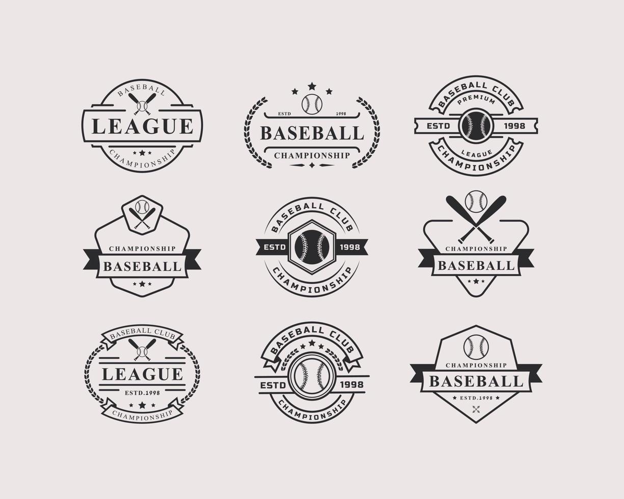 emblemas de logotipos de beisebol de crachá retrô vintage e elementos de designconjunto de emblemas de logotipos de beisebol de crachá retrô vintage e elementos de design vetor