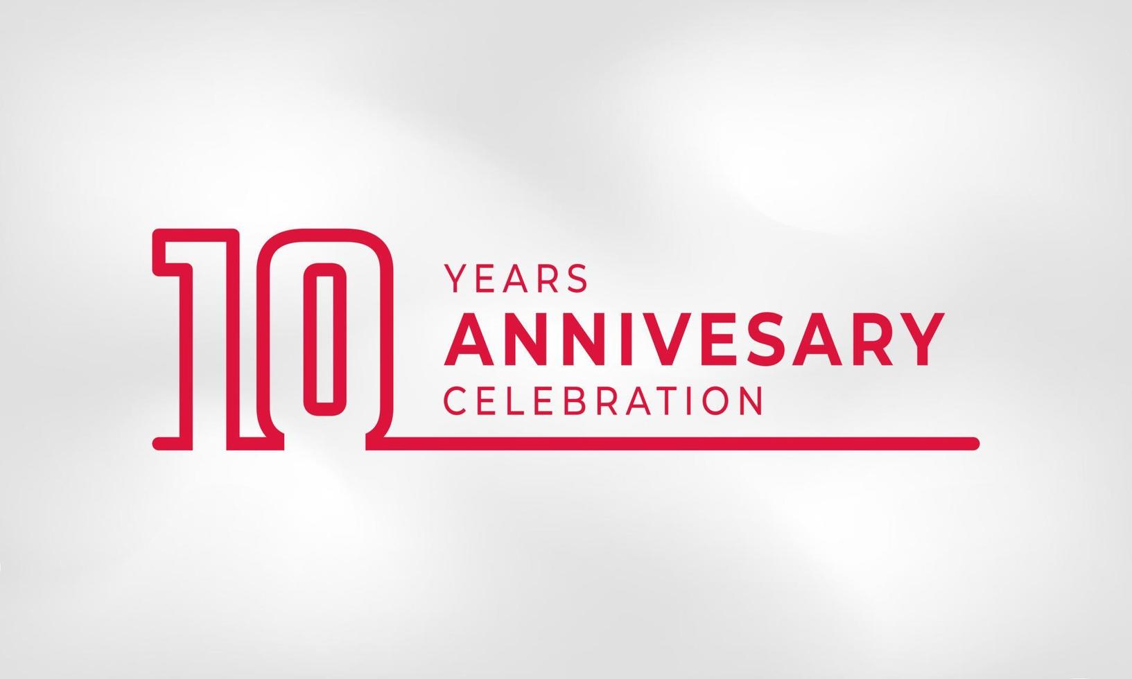 Celebração de aniversário de 10 anos ligada ao contorno do logotipo cor vermelha para evento de celebração, casamento, cartão de felicitações e convite isolado no fundo de textura branca vetor