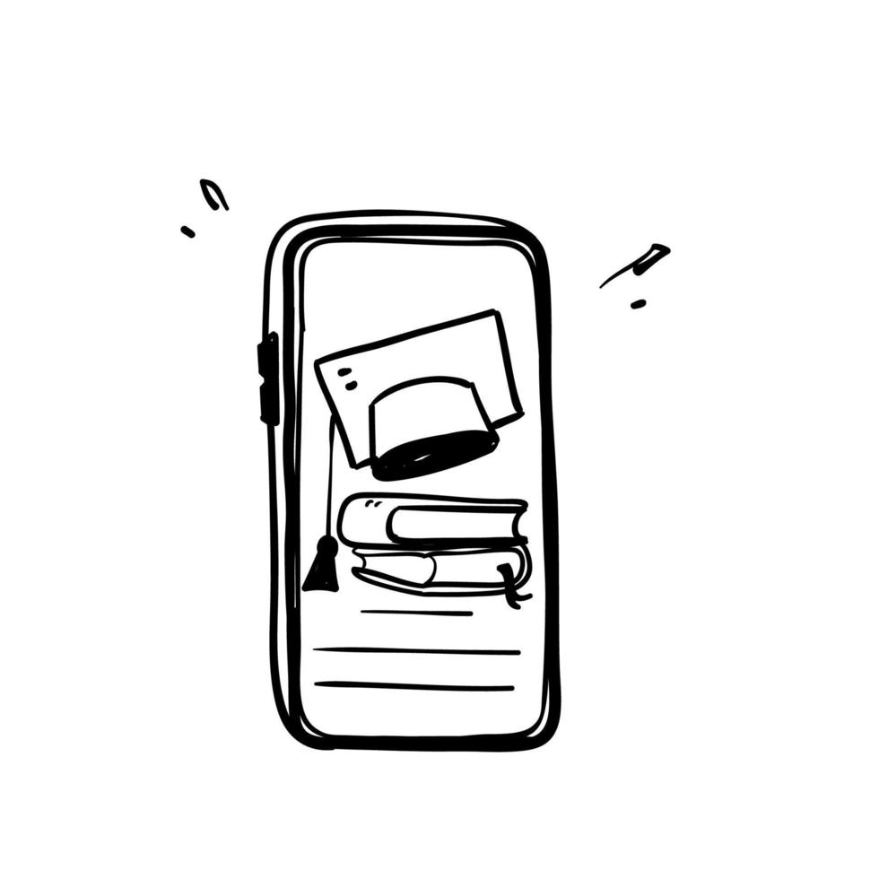 chapéu de formatura móvel doodle desenhado à mão e conceito de livro para ilustração de ícone de símbolo de educação vetor