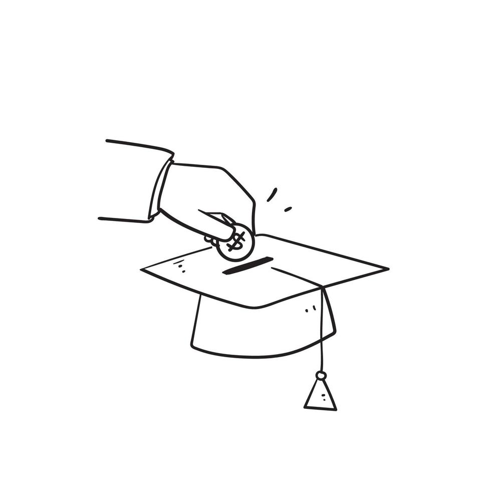 dinheiro de doodle desenhado à mão e símbolo de ilustração de chapéu de formatura para ícone de taxa de matrícula isolado vetor