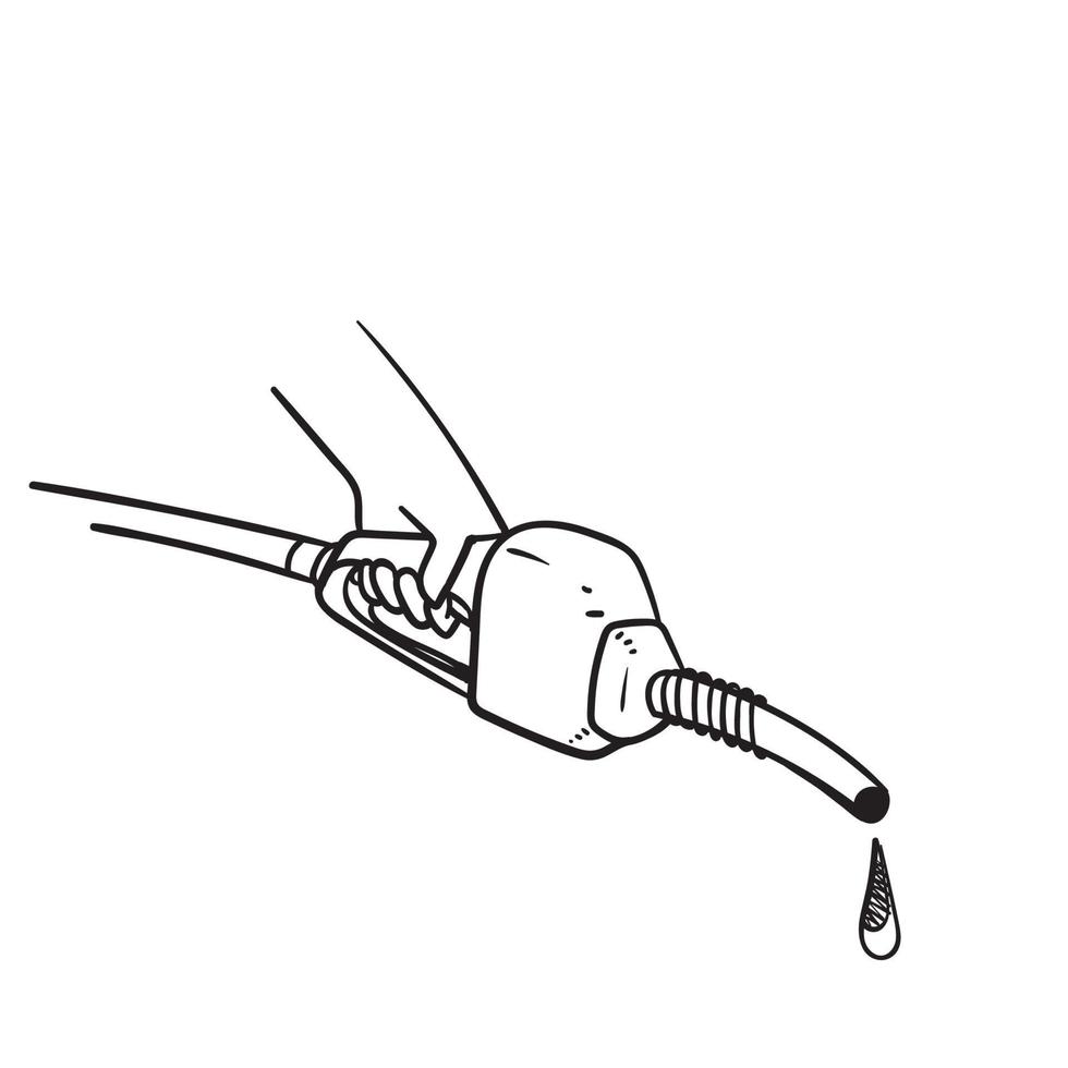 mão desenhada doodle mão segurando a bomba de combustível bico de gasolina ilustração vetor isolado