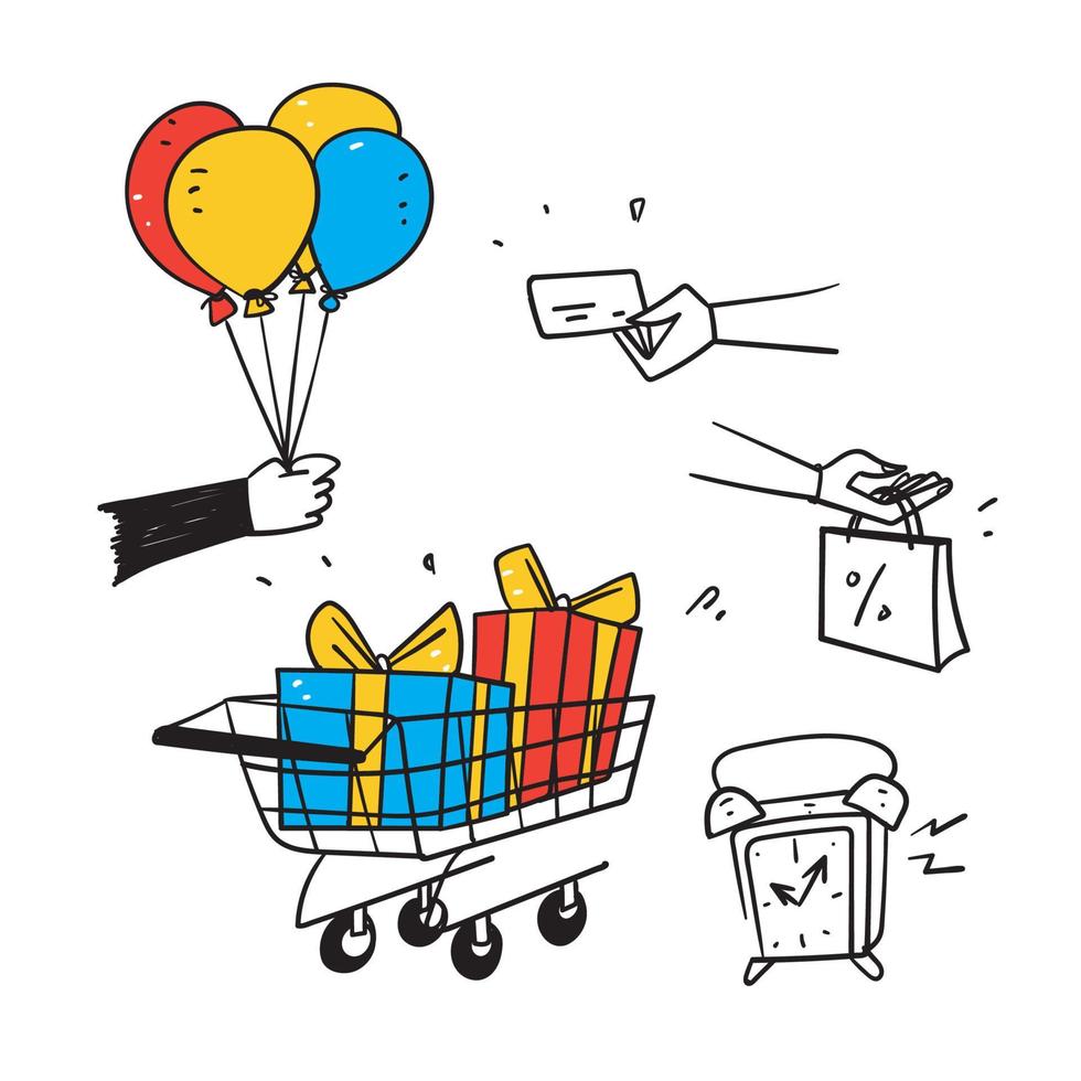 vetor de ilustração de ícone relacionado à promoção de venda de compras de doodle desenhado à mão