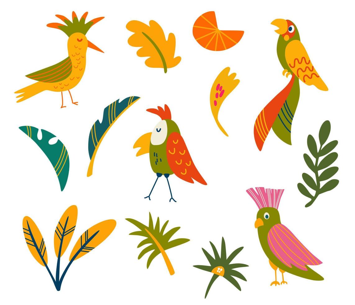 conjunto de papagaios e folhas tropicais. pássaros exóticos. ótimo para cartões infantis, estampas e cartão de felicitações. ilustração em vetor clip art isolado.