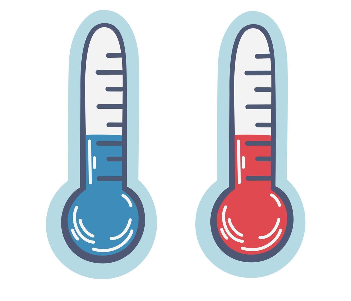 termômetro. dois termômetros quente e frio. previsão do tempo. termômetros meteorológicos em celsius e fahrenheit medem calor e frio. ilustração de desenho de mão vetorial isolada vetor