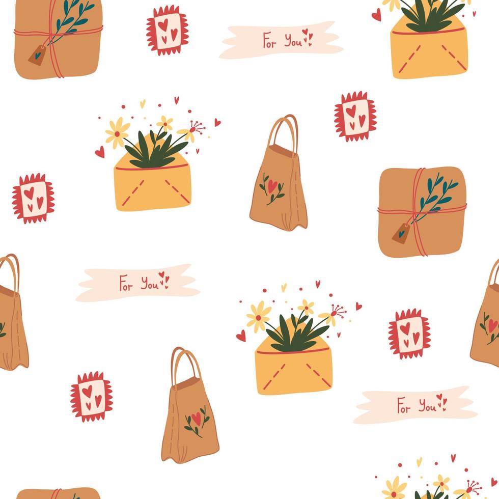 envelopes com padrão de correio. pacote romântico com cartas, presentes e flores. para impressão de cartões postais têxteis e scrapbooking. ilustração de desenho de mão vetorial vetor