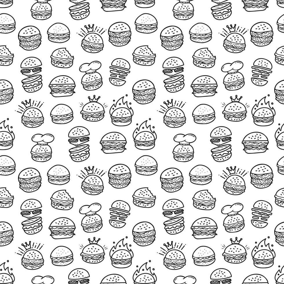 fundo de padrão sem costura de hambúrguer de hambúrguer de doodle desenhado à mão vetor