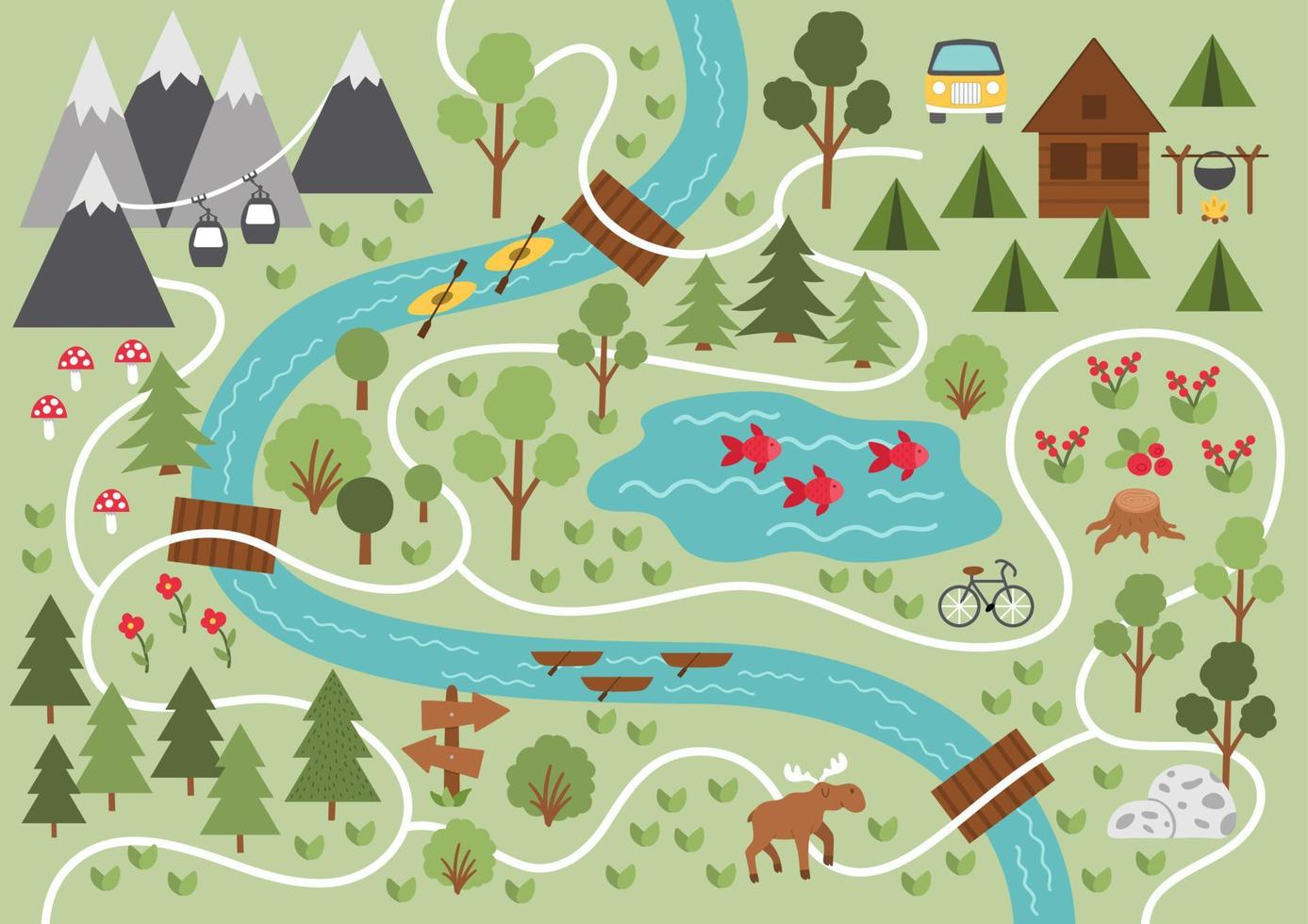 mapa de acampamento. fundo de acampamento de verão. vetor natureza clip-art ou elementos infográficos com montanhas, árvores, floresta, alce, rio, bicicleta, teleférico. plano de caminhada, trekking ou fogueira.