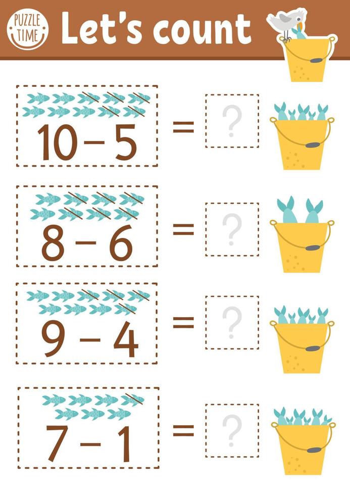 quantos peixes jogo com peixes bonitos no balde com água. atividade de subtração matemática de verão para crianças pré-escolares. planilha de contagem simples imprimível para crianças com gaivota vetor