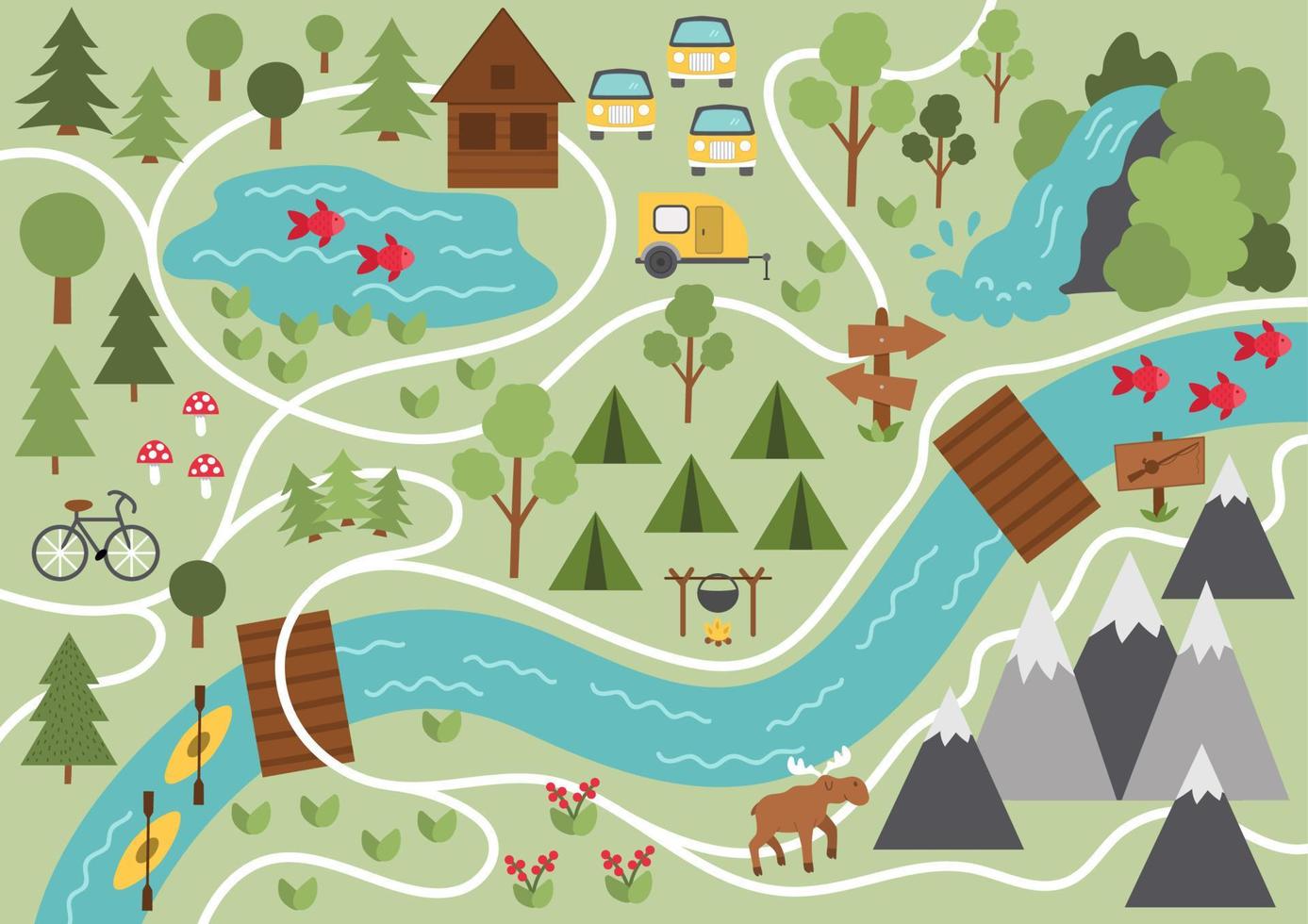 mapa de acampamento. fundo de acampamento de verão. vetor natureza clip-art ou elementos infográficos com montanhas, cachoeira, árvores, floresta, alce, rio. plano de caminhada, trekking ou fogueira.