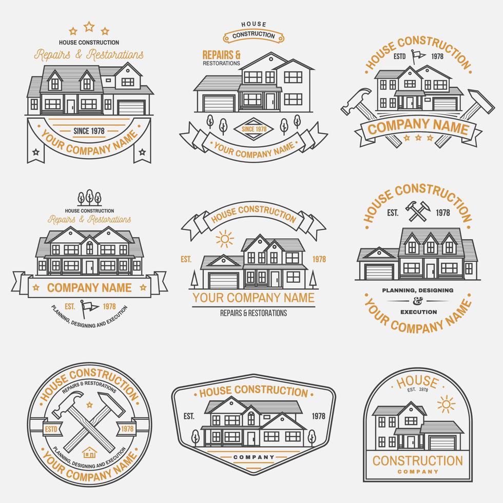 conjunto de identidade de empresa de construção de casas com casa americana suburbana. ilustração vetorial. distintivo de linha fina, sinal para negócios relacionados a imóveis, construção e empresa de construção. vetor