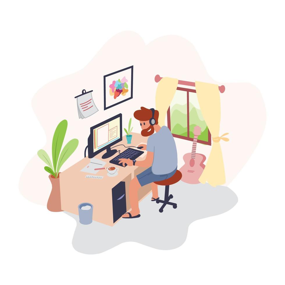 designer gráfico masculino, ilustrador ou trabalhador freelance sentado na mesa e trabalhando em um computador em casa. processo de criatividade, local de trabalho criativo. ilustração vetorial moderna em estilo cartoon plana. vetor