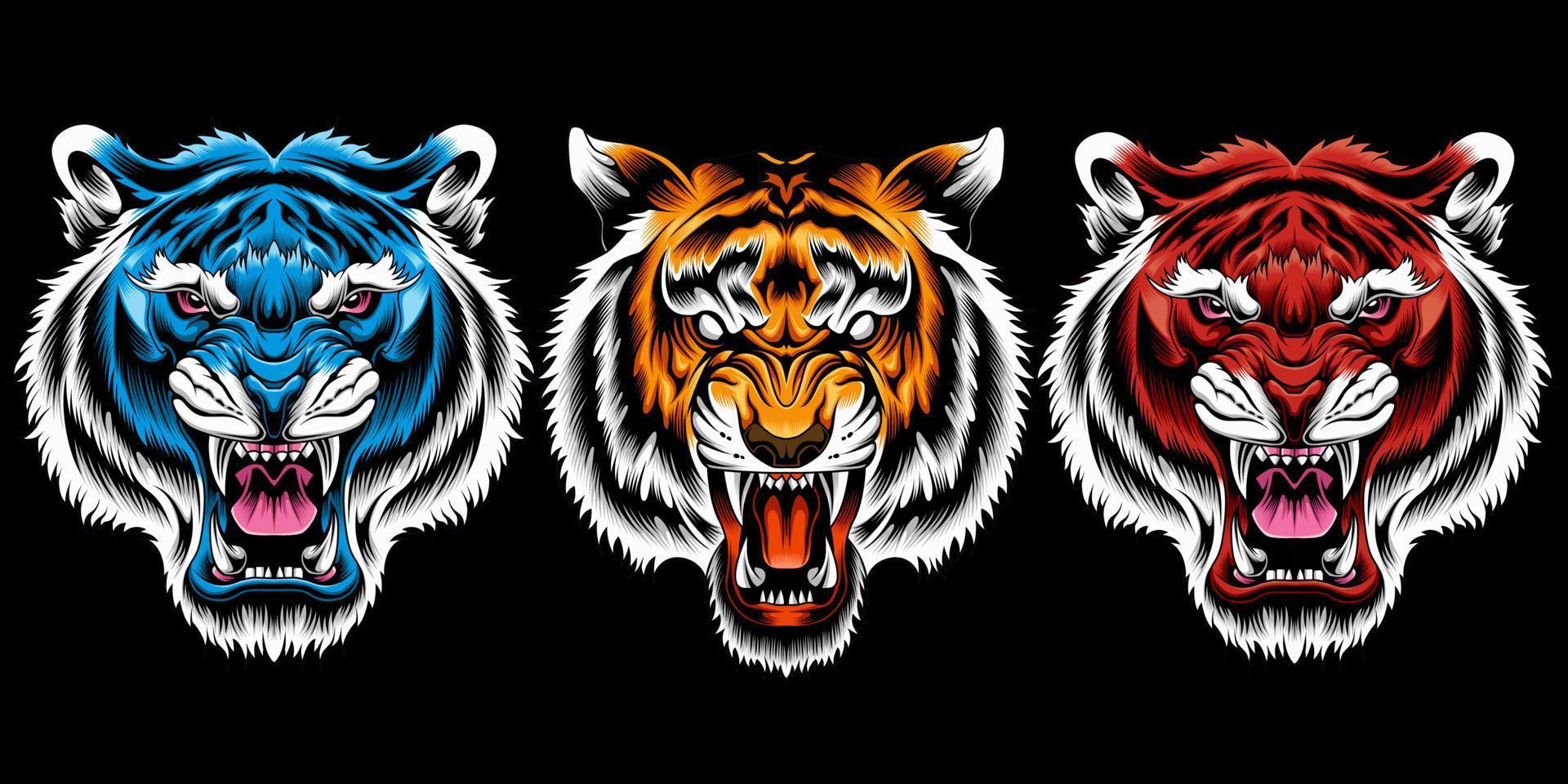 conjunto de ilustração vetorial de cabeça de tigre com raiva vetor