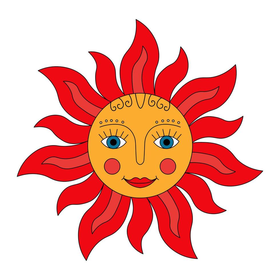 sol vermelho. símbolo russo feriado primavera entrudo. ilustração vetorial de doodle ornamental para impressão, fundos, capas, embalagens, cartões, cartazes, adesivos e têxteis vetor