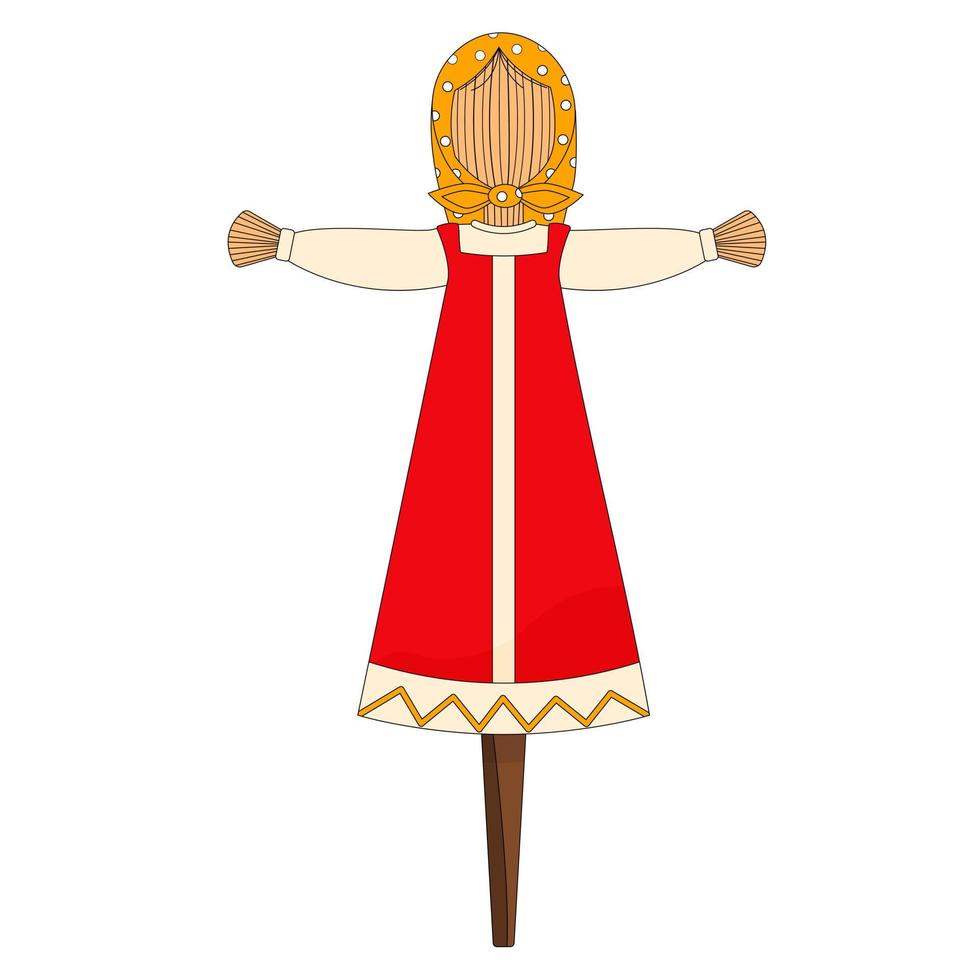 efígie de palha russa de mulher em um vestido vermelho eslavo tradicional. carnaval do festival da semana da panqueca russa. ilustração vetorial de boneca maslenitsa vetor