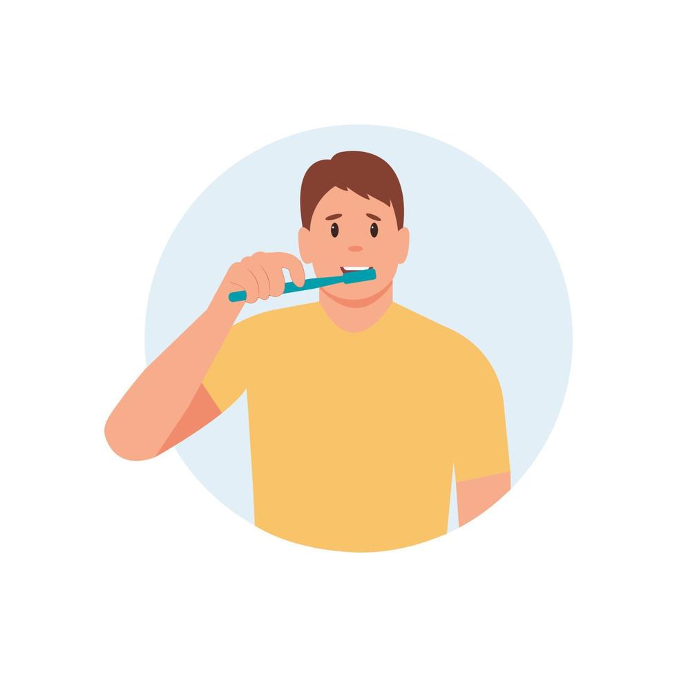 homem escova os dentes com escova de dentes. higiene bucal e conceito de procedimentos odontológicos. ilustração vetorial fofa em apartamento vetor