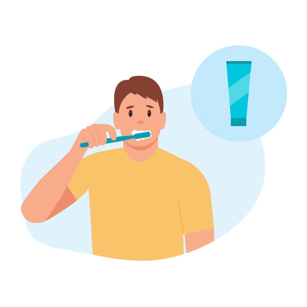 homem escova os dentes com um conceito de higiene e procedimentos odontológicos toothbrush.oral. ilustração vetorial fofa em apartamento vetor