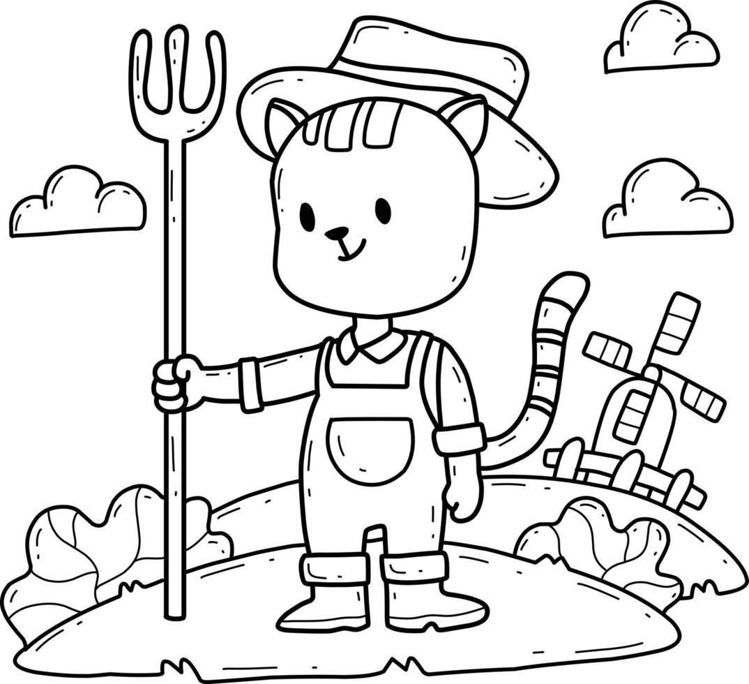 livro de colorir de agricultor de gato dos desenhos animados. isolado no fundo branco. vetor