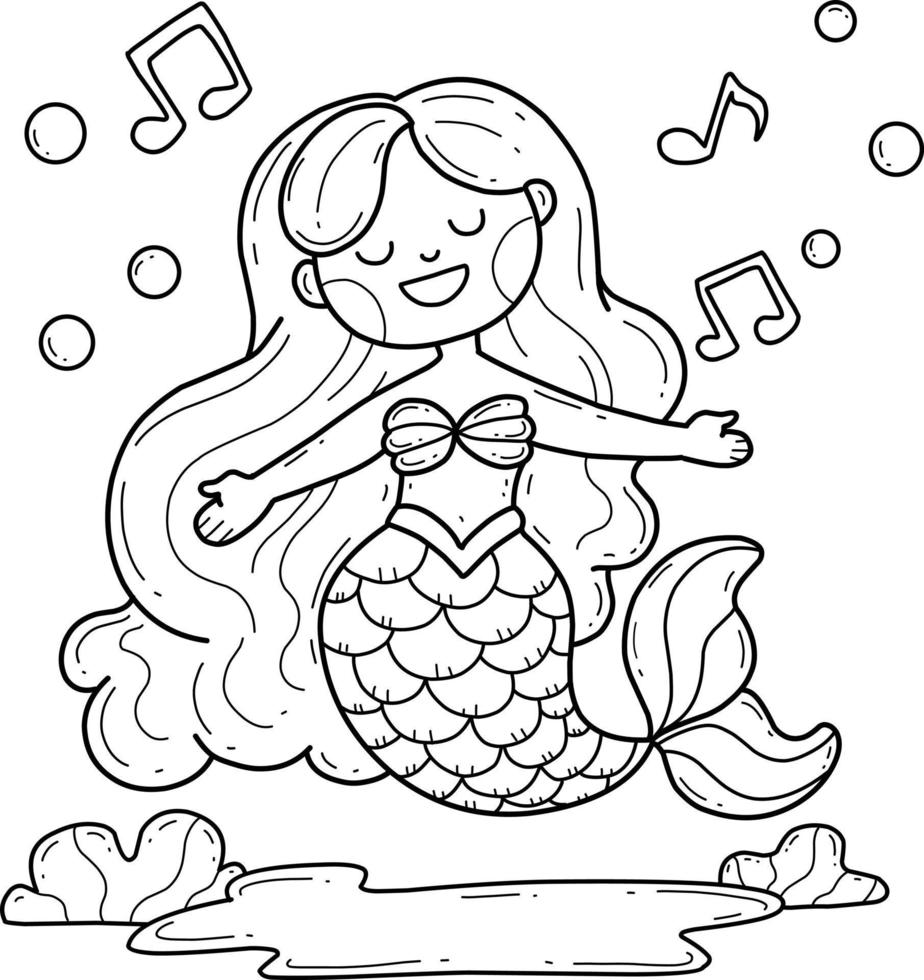 livro de colorir sereia. isolado no fundo branco. vetor de desenho animado medmaid cantando