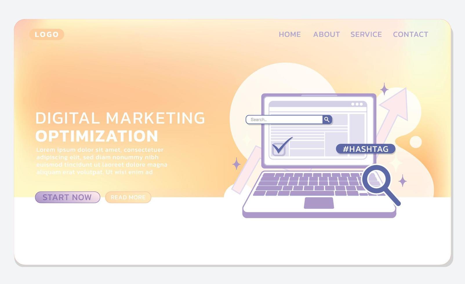 página de destino e modelo de banner da web com barra de pesquisa e otimizador. para otimização de marketing digital. vetor