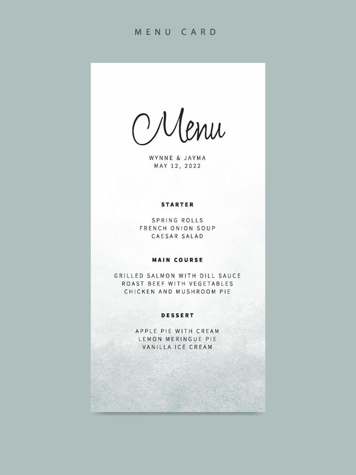 modelo de menu de casamento minimalista com aquarela verde vetor