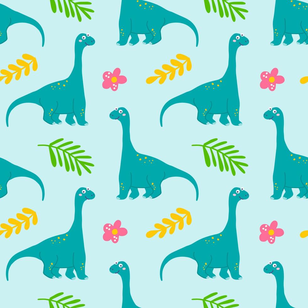 braquiossauro dinossauro fofo com plantas e flores tropicais, padrão vetorial sem costura sobre fundo azul, impressão infantil para roupas, cartões postais vetor