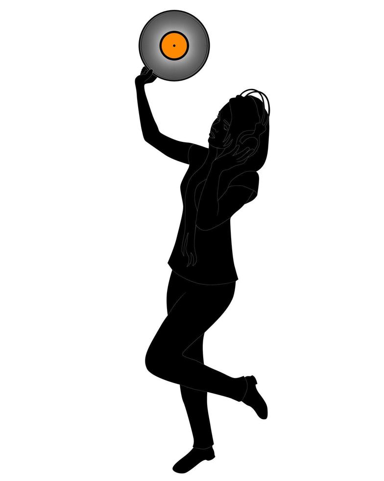silhueta negra de uma dançarina com fones de ouvido e um prato vetor